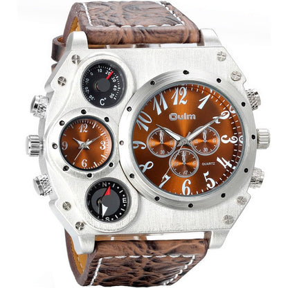 Avaner Men's Leather Wrist Watches: Big Face Dual Time Zone Oversized Large Dial Leather Strap Analog Quartz Watch