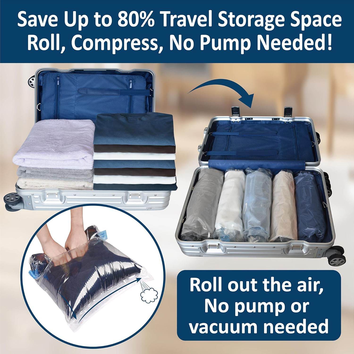 15 Compression Bags for Travel, Roll Up Space Saver Bags for Travel, Saves 80% of Storage Space for Packing & Clothes, No Pump or Vacuum Needed - My Store