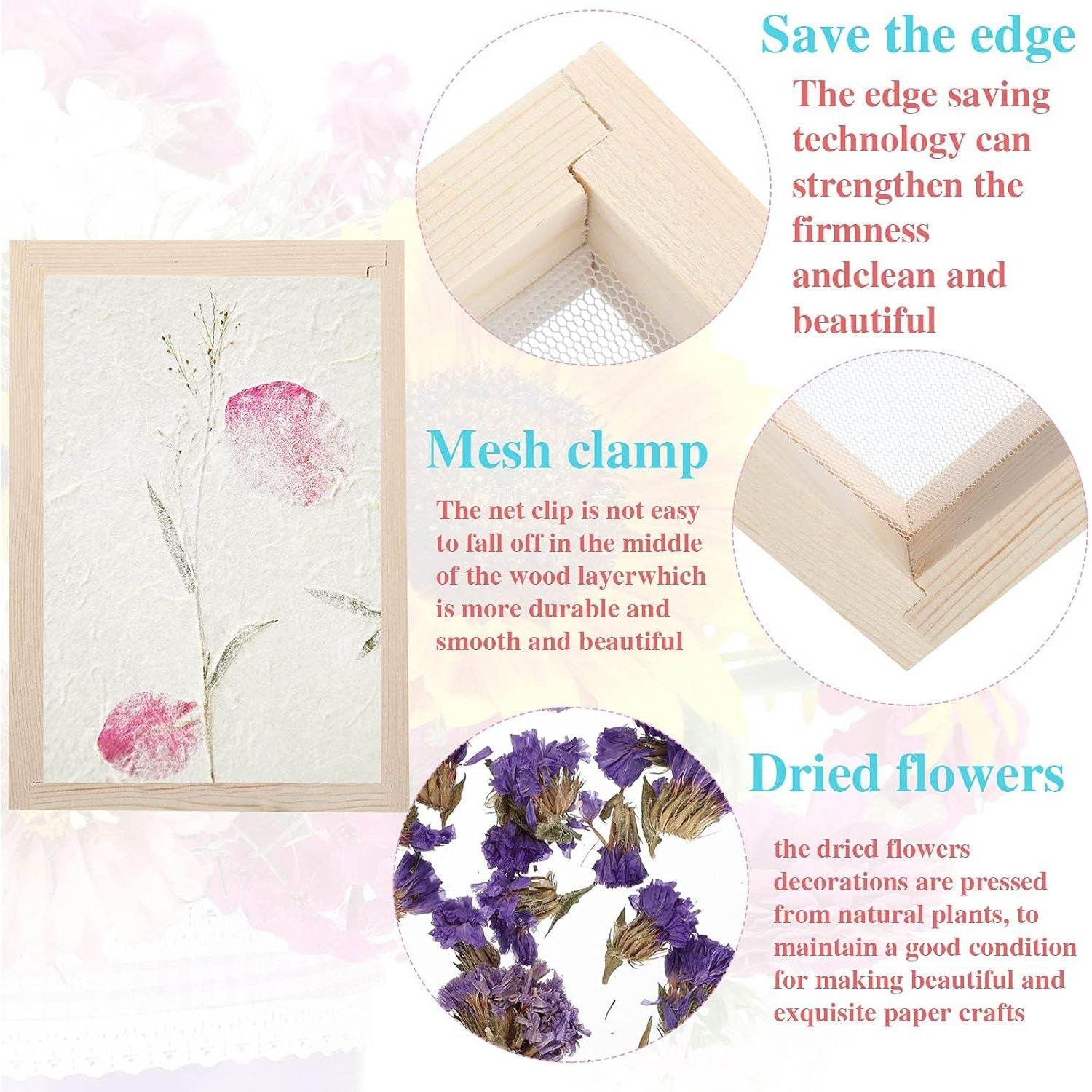 12 Pieces Paper Making Kit, 2 Size Wooden Paper Making Mould Frame, Dried Flowers, Sponge with Replace Mesh Cloth for DIY Craft - My Store