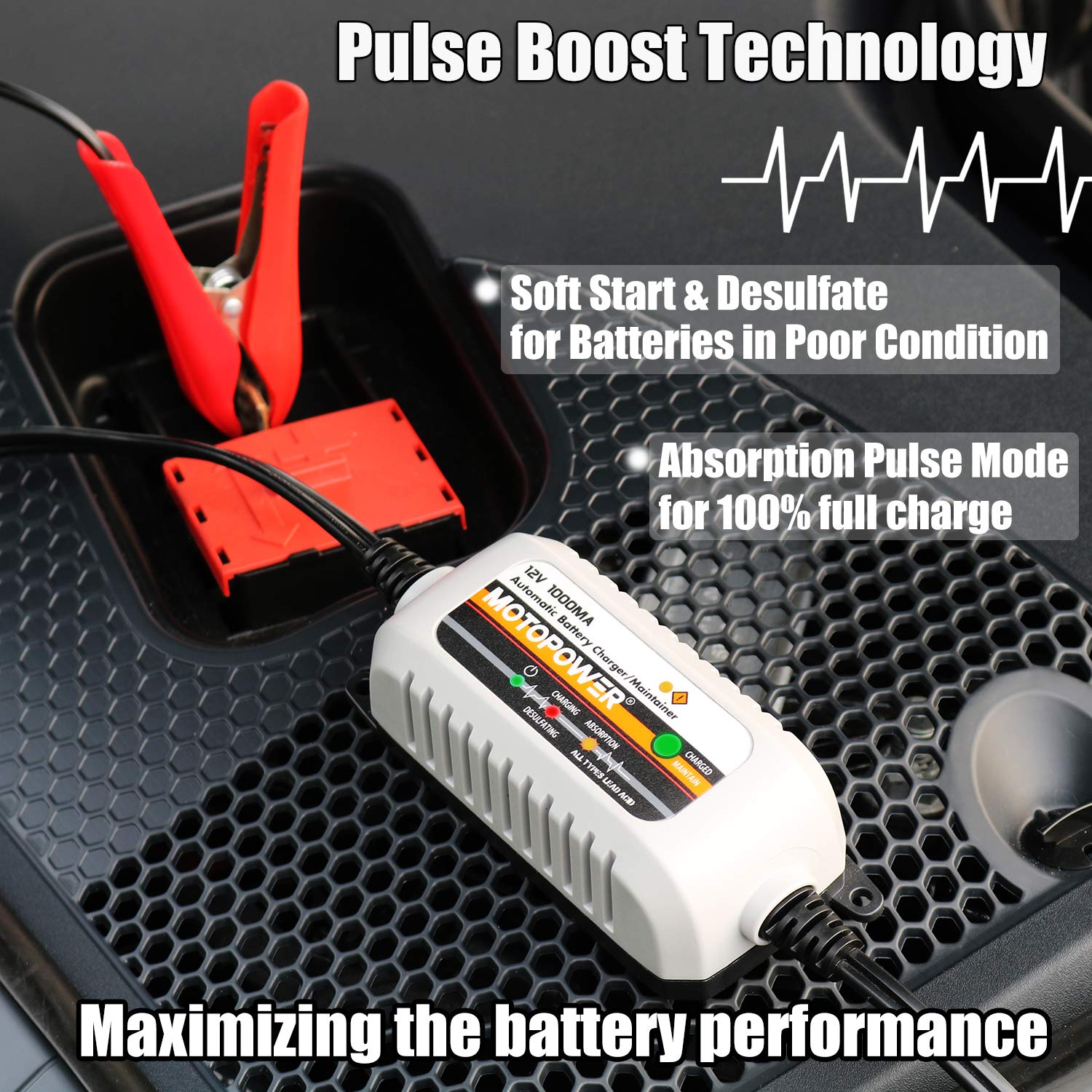 Buy now MOTOPOWER MP00205B 12V 1000mA Automatic Battery Charger, Battery Maintainer, Trickle Charger, and Battery Desulfator with Timer Protection - Grey at indiglob india