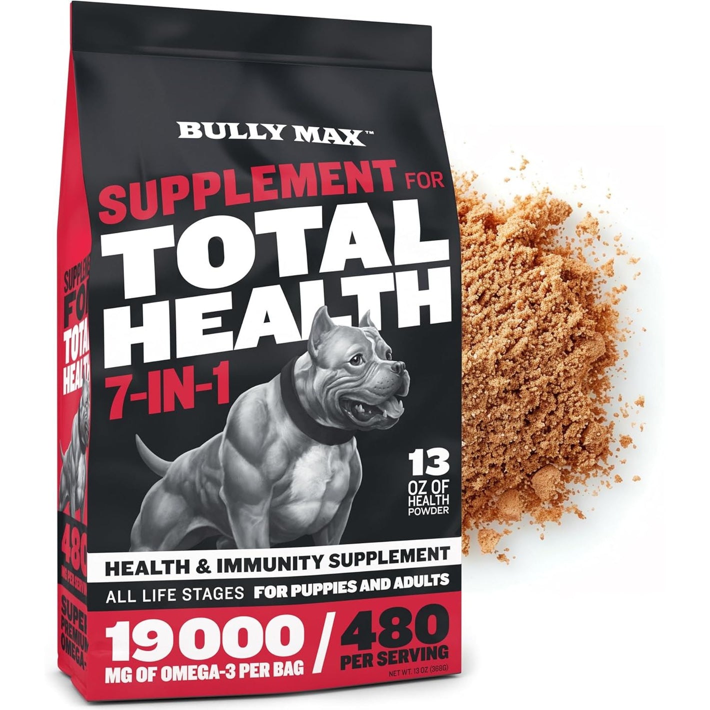 Bully Max 7-in-1 Dog Multivitamin Powder with Omega 3, 6, Glucosamine & Chondroitin for Immune System, Digestive & Joint Health - Food Topper, Vitamins & Supplements for Puppy & Adult Dogs, 13Oz Bag