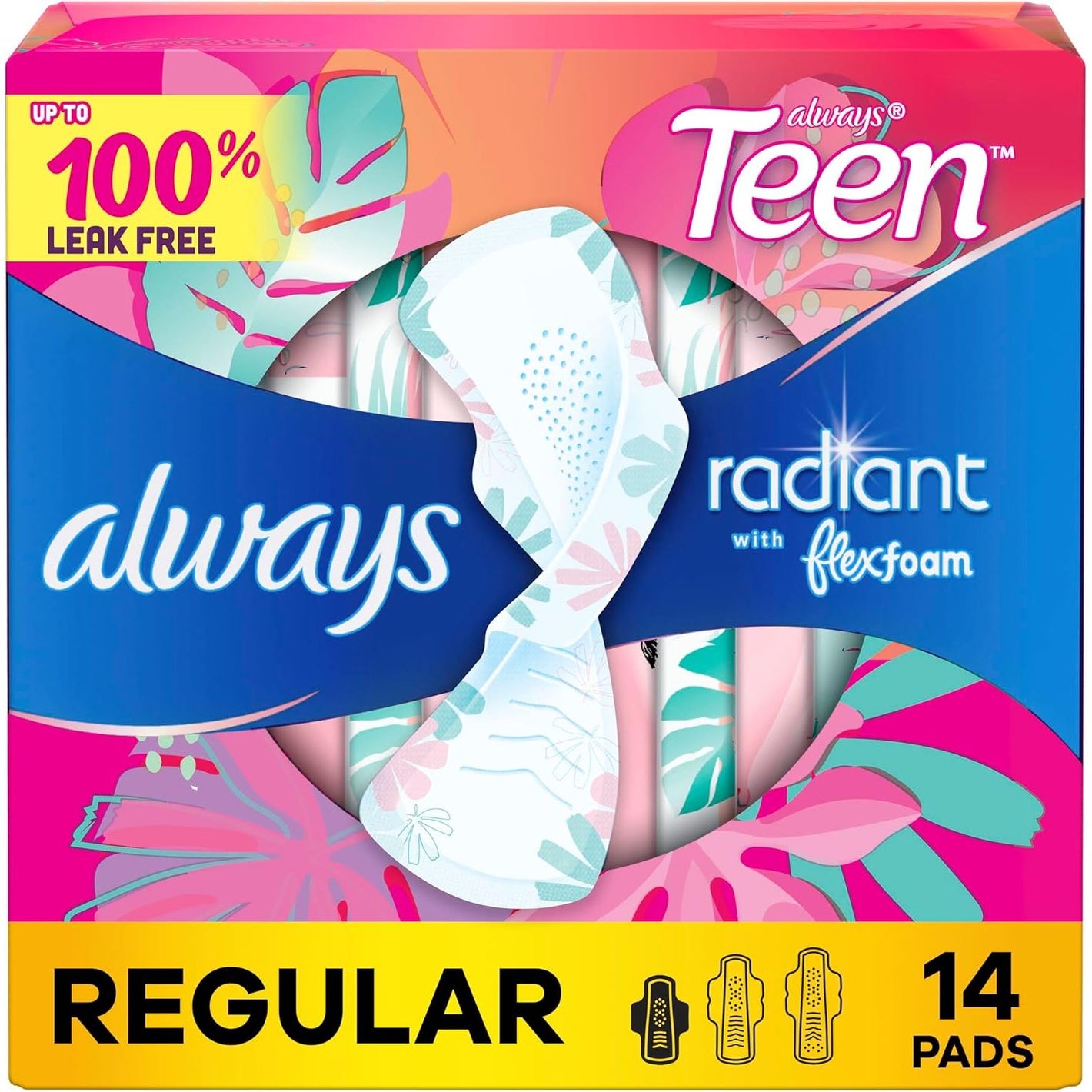 Always Radiant Teen Pads, Size 1, Regular, with Wings, Unscented, 14 Count