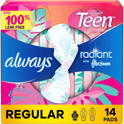 Always Radiant Teen Pads, Size 1, Regular, with Wings, Unscented, 14 Count