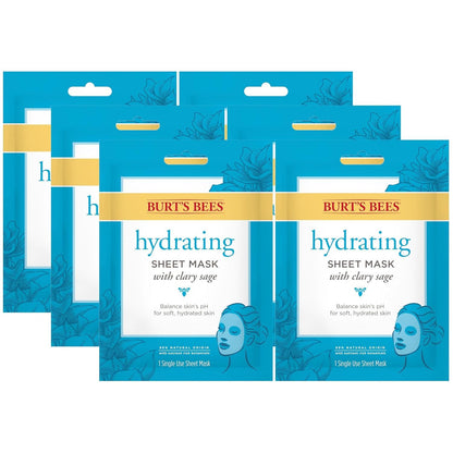 Burt's Bees Hydrating Face Mask with Clary Sage, Single Use Sheet Mask, 6 Count (Package May Vary)