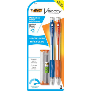 BIC Velocity Mechanical Pencils, With Colorful Barrel, Medium Point (0.7mm), 2-Count Pack Mechanical Pencils With Erasers