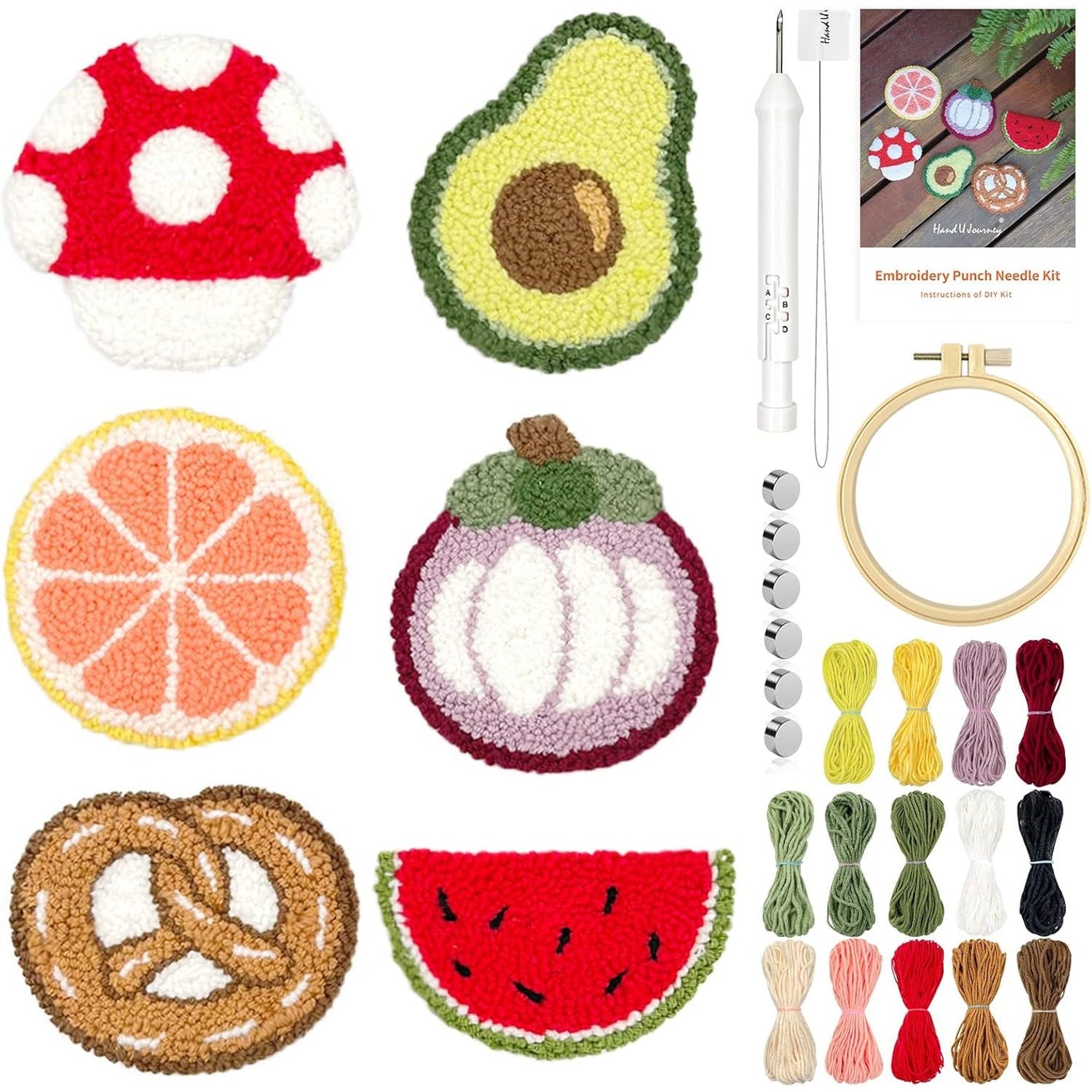 HAND U JOURNEY 6PCS Embroidery Punch Needle Food Series Refrigerator Magnets Set, Rug Punch Decoration DIY Kit for Children and Adult Beginner