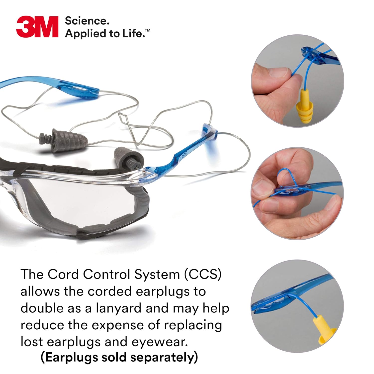 Buy now 3M Safety Glasses, Virtua CCS, ANSI Z87, Anti-Fog, Clear Lens, Blue Frame, Corded Ear Plug Control System, Removable Foam Gasket at indiglob india