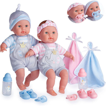15" Realistic Soft Body Baby Doll with Open/Close Eyes | JC Toys - Berenguer Boutique | 10 Piece Gift Set with Bottle, Rattle, Pacifier & Accessories | Pink | Ages 2+