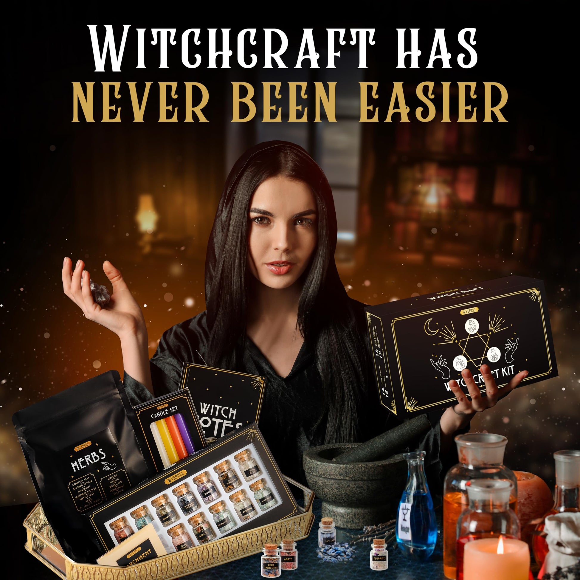 Buy now Wyspell Witchcraft Supplies Kit for Witch Altar 54PCS - Spell Candles for Witches - Crystals Spell Jars for Witches - Herbs for Spells - Beginner Witch Starter Box - Witchcraft Kit at indiglob india