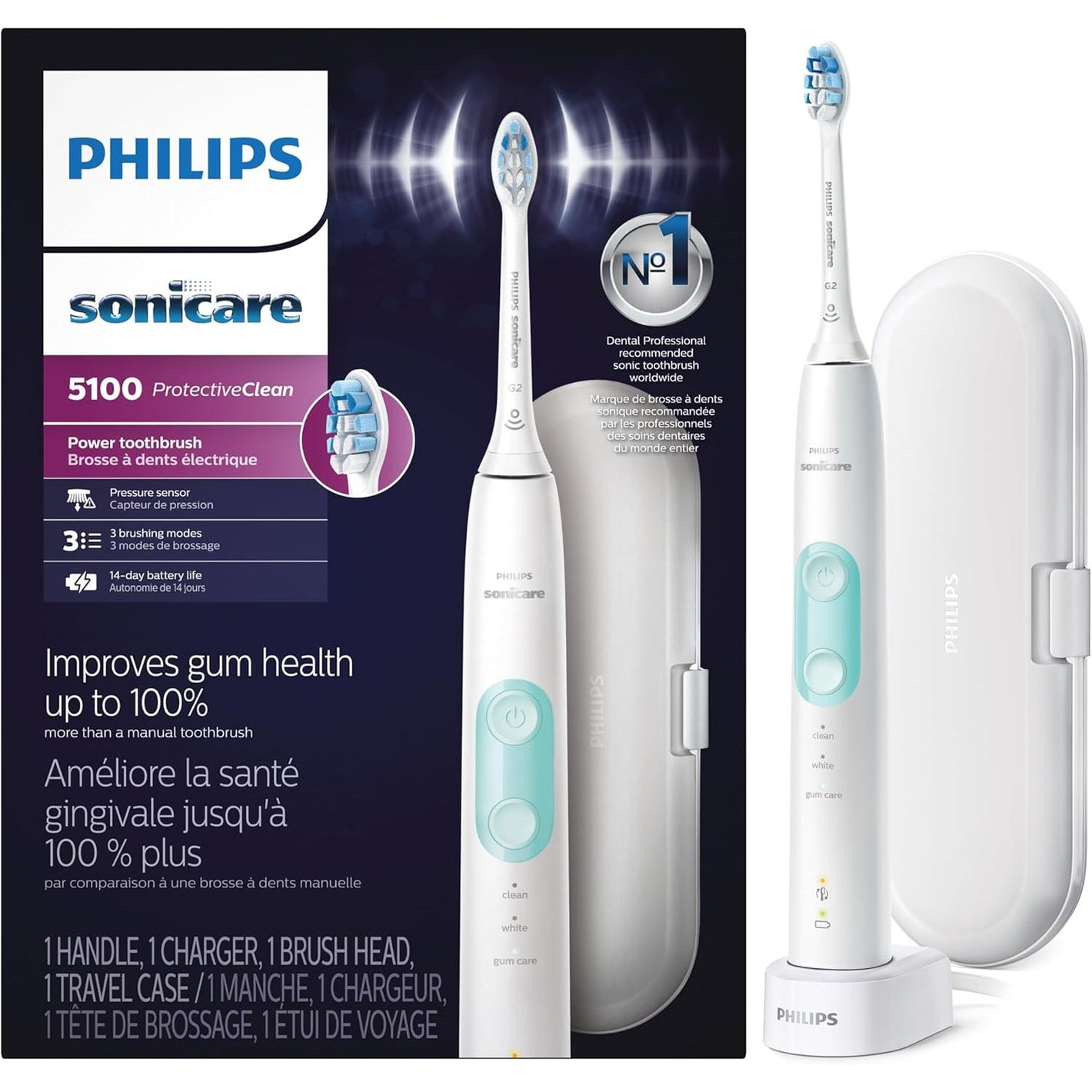 Philips Sonicare ProtectiveClean 5100 Rechargeable Electric Toothbrush, with Pressure Sensor, 3 Cleaning Modes, SmarTimer and QuadPacer, 14-Day Battery Life, Travel Case, White, Model HX6857/11