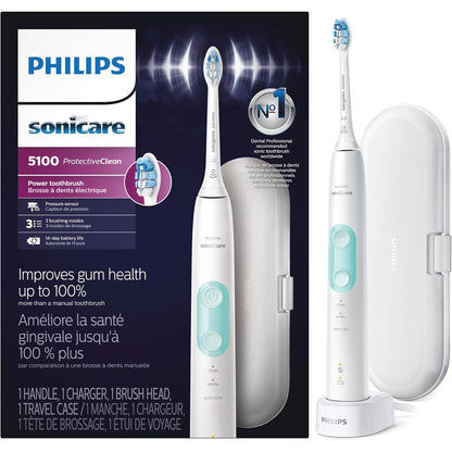 Philips Sonicare ProtectiveClean 5100 Rechargeable Electric Toothbrush, with Pressure Sensor, 3 Cleaning Modes, SmarTimer and QuadPacer, 14-Day Battery Life, Travel Case, White, Model HX6857/11