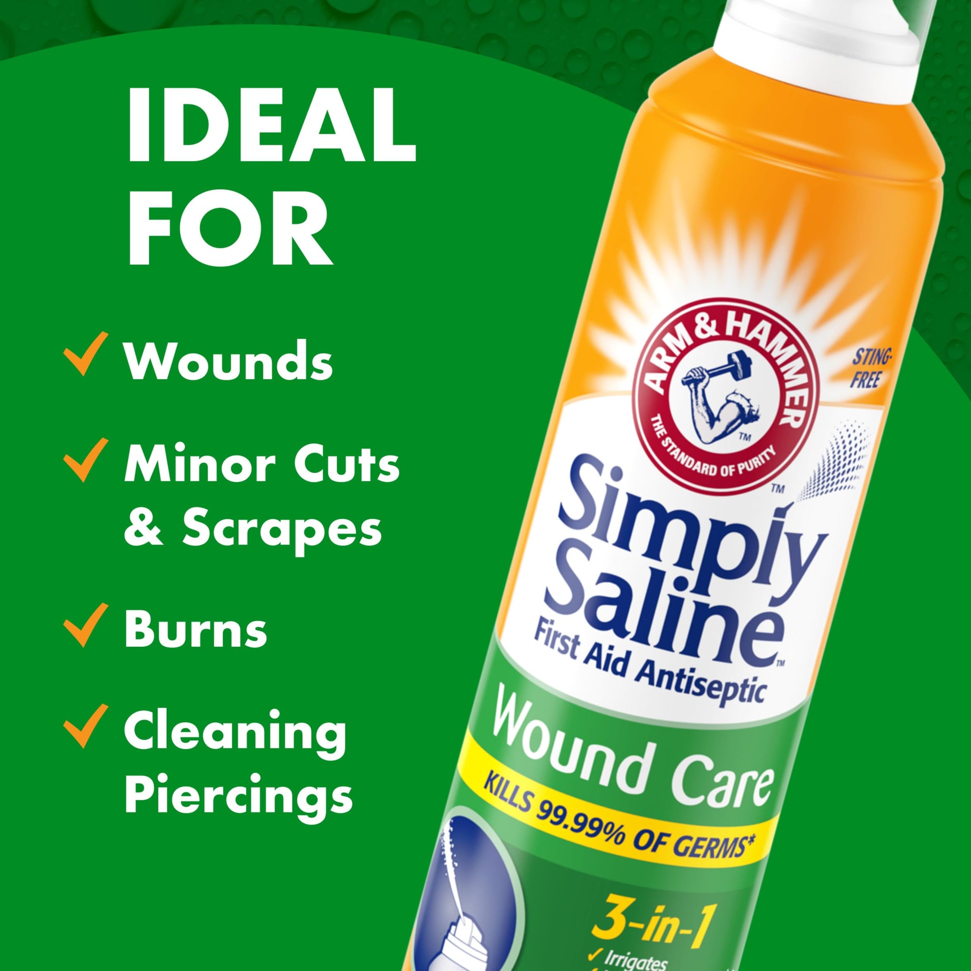 Buy now ARM & HAMMER Simply Saline Wound Care 3-in-1, Antiseptic First Aid Spray with Aloe to Help Prevent Infection, Sting-Free Saline for Wound Irrigation and Cleaning, Soothe Wounds with Aloe, 7.4 oz, 2pk at indiglob india