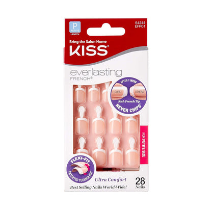 KISS Everlasting French Manicure Kit, Chip-No with Flexi-Fit Technology, Petite Length, Clear Pink, with Pink Gel Nail Glue (Net Wt. 2 g / 0.07oz.), Mini Nail File, Manicure Stick, and 28 Fake Nails