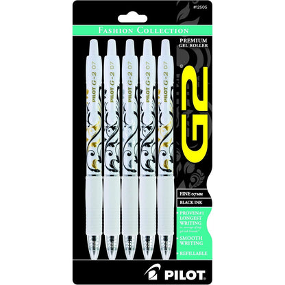 Pilot, G2 Premium Gel Roller Pens, Fine Point 0.7 mm, Fashion Collection, Black, Pack of 5