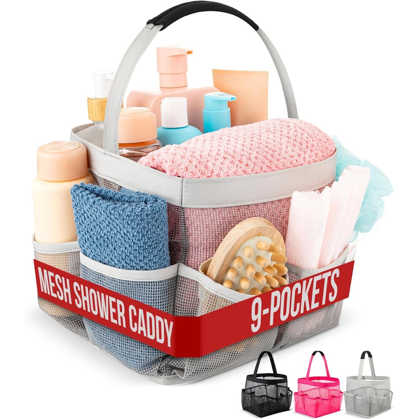 Masirs Mesh Shower Caddy - 9 Pocket Portable Bathroom Organizer Tote for Travel, Gym & Dorm - Collapsible Small Shower Caddy Bag to Hold Toiletries & Essentials (Gray)