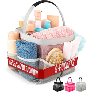 Masirs Mesh Shower Caddy - 9 Pocket Portable Bathroom Organizer Tote for Travel, Gym & Dorm - Collapsible Small Shower Caddy Bag to Hold Toiletries & Essentials (Gray)