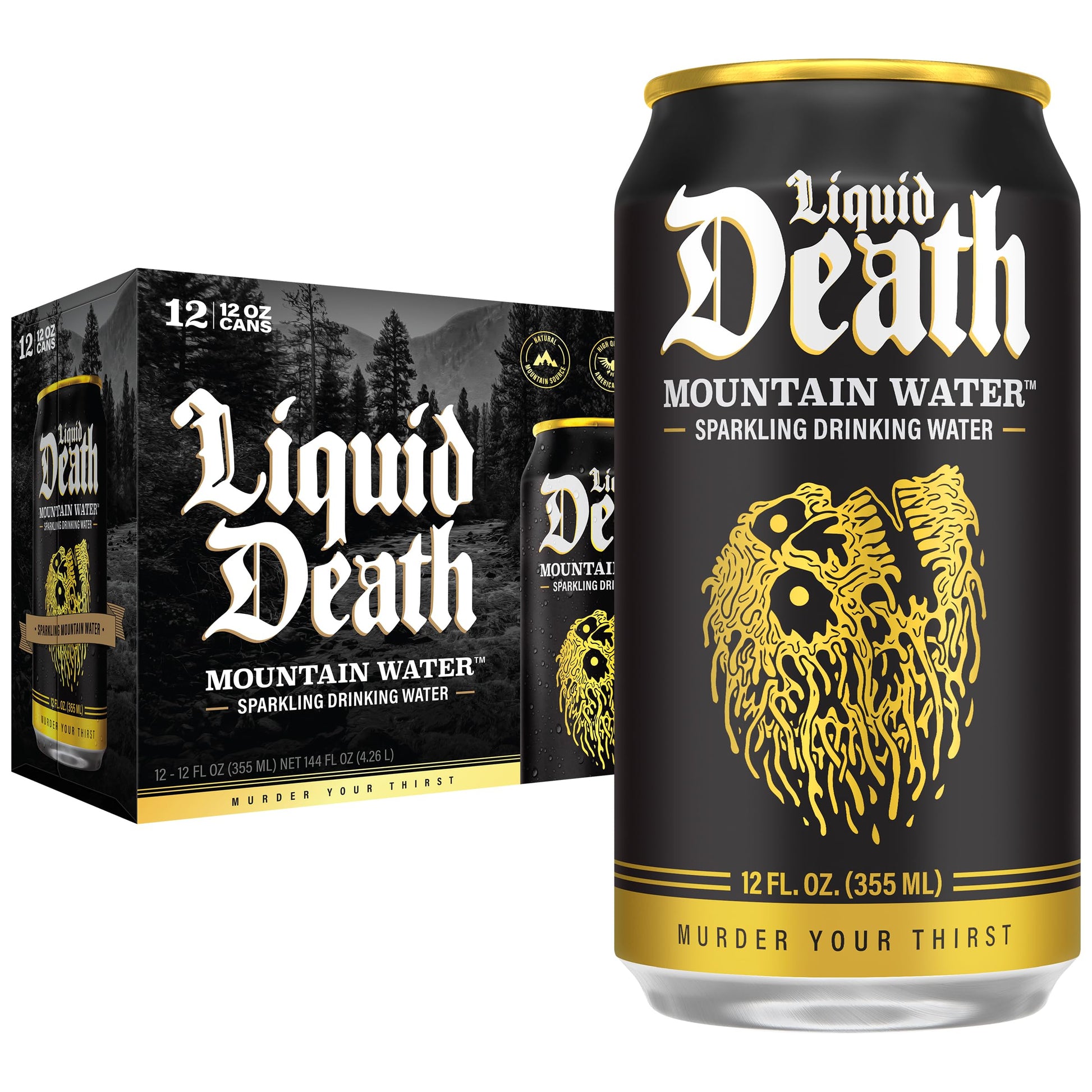 Buy now Liquid Death Sparkling Mountain Water, Real Mountain Source, Ice-Cold Cans, Infinitely Recyclable, 12 Fl Oz (Pack of 12) at indiglob india