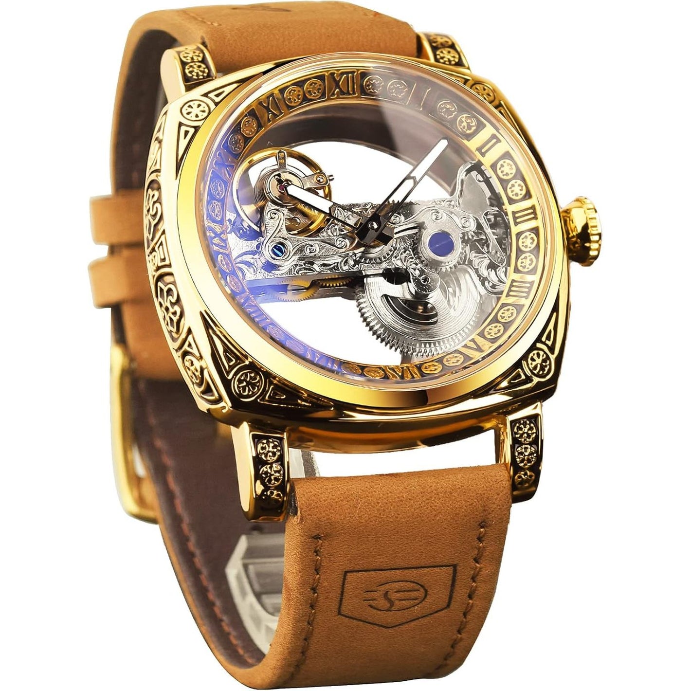 FORSINING Men's Luxury Square Carving Mechanical Watch, Retro Totem Double Sided Hollow Skeleton Self-Wind Automatic Watches, Vintage Leather Strap Wristwatch