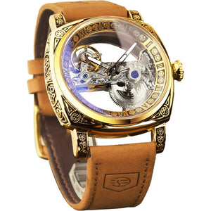 FORSINING Men's Luxury Square Carving Mechanical Watch, Retro Totem Double Sided Hollow Skeleton Self-Wind Automatic Watches, Vintage Leather Strap Wristwatch