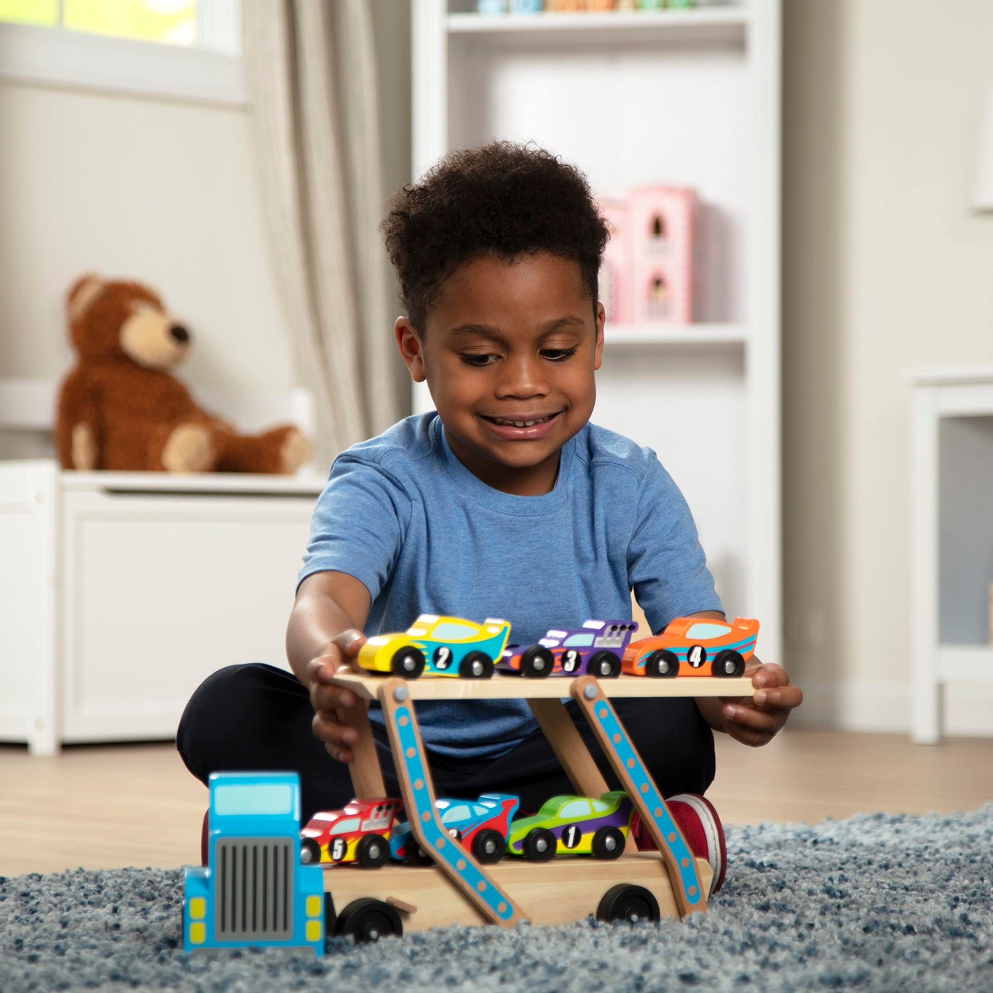 Buy now Melissa & Doug Mega Race-Car Carrier - Wooden Tractor and Trailer with 6 Unique Race Cars at indiglob india