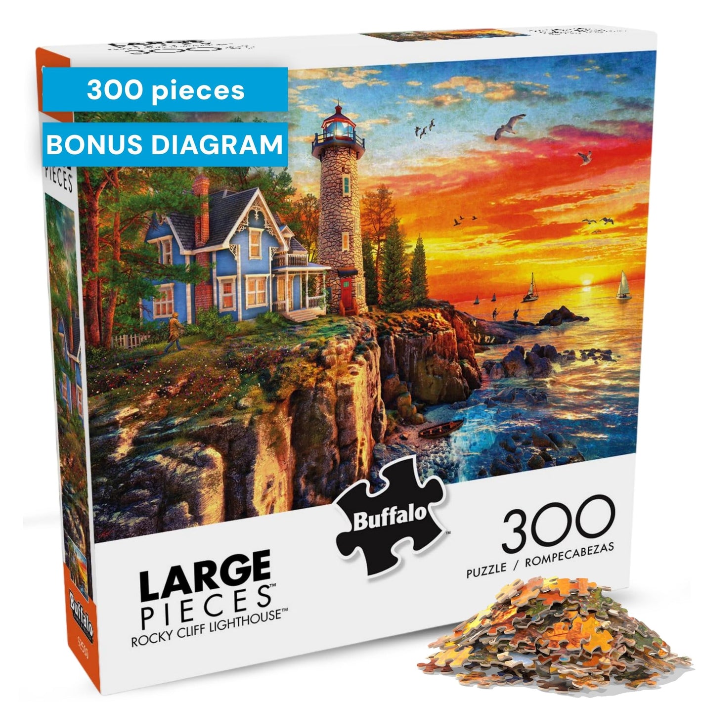 Buy now Buffalo Games - Rocky Cliff Lighthouse - Dominic Davison - 300 Piece Jigsaw Puzzle for Adults, Large Oversized Pieces, Scenic Coastal Puzzle, Challenging and Relaxing, Finished Size 21.25 x 15.00 at indiglob india