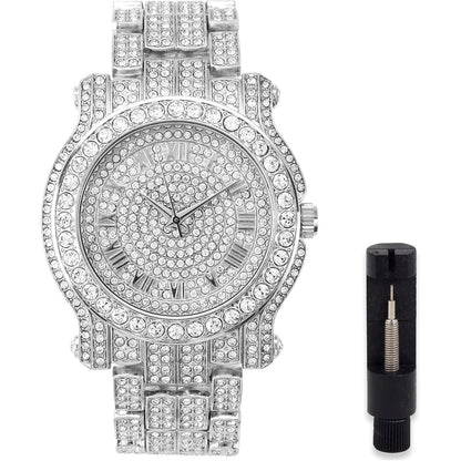 Techno Pave Men's Iced Diamond 45mm Metal Band Watch