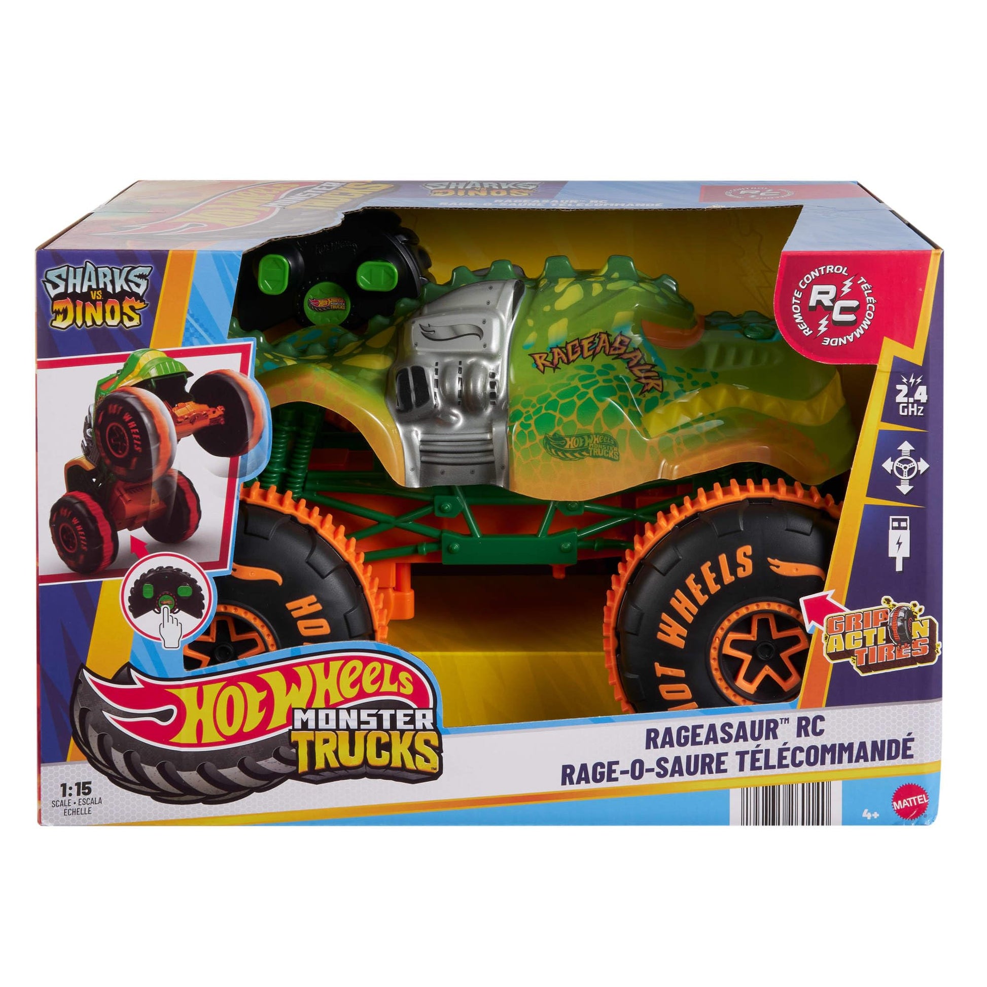Buy now Hot Wheels Monster Trucks Remote-Control Toy Vehicle, 1:15 Scale Rageasaur RC with Grip Action Tires for Off-Roading & Wheelie Stunting at indiglob india