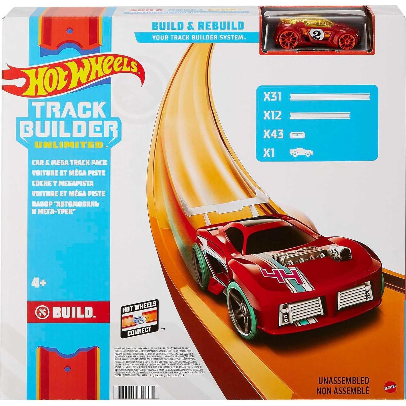 Hot Wheels Toy Car Mega Track Set Pack, 87 Component Building Parts for 40-ft of Track & 1:64 Scale Vehicle (Amazon Exclusive)