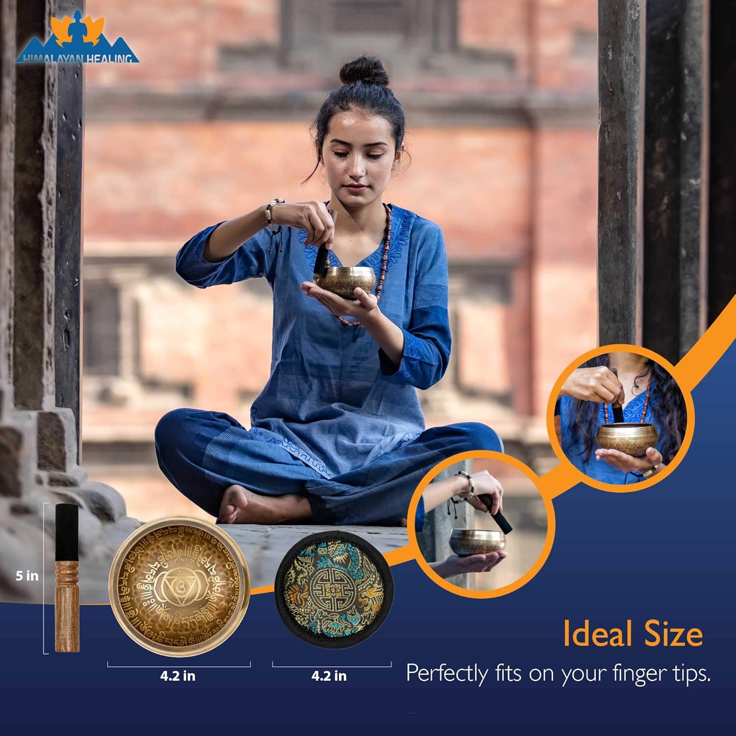 Buy now Tibetan Singing Bowl Set 4.2 inch with Holy Buddhist Mantra and Sacred Third Eye Symbol from Nepal~ Antique design suitable for Yoga, Meditation, Sound Healing & Chakra Balancing~ (4.2 Third EYE) at indiglob india