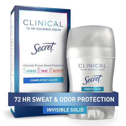Secret Clinical Strength Antiperspirant Deodorant for Women, 3X Stress Protection, 72hr Sweat & Odor Protection, PH Balancing Minerals, Invisible Solid, Completely Clean Scent, 1.6 oz
