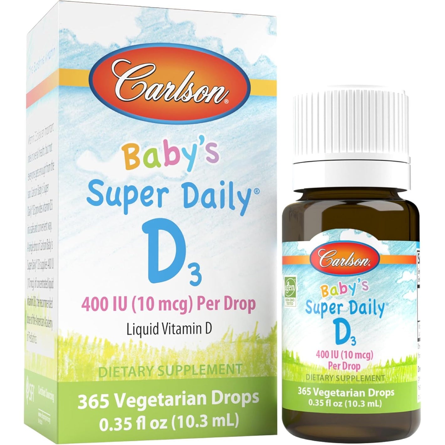 Carlson - Baby's Super Daily D3, Baby Vitamin D Drops, 400 IU (10 mcg) per Drop, 1-Year Supply, Vegetarian, Liquid Vitamin D for Infants and Toddlers, Unflavored, 365 Drops