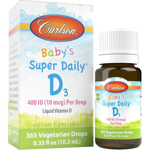 Carlson - Baby's Super Daily D3, Baby Vitamin D Drops, 400 IU (10 mcg) per Drop, 1-Year Supply, Vegetarian, Liquid Vitamin D for Infants and Toddlers, Unflavored, 365 Drops