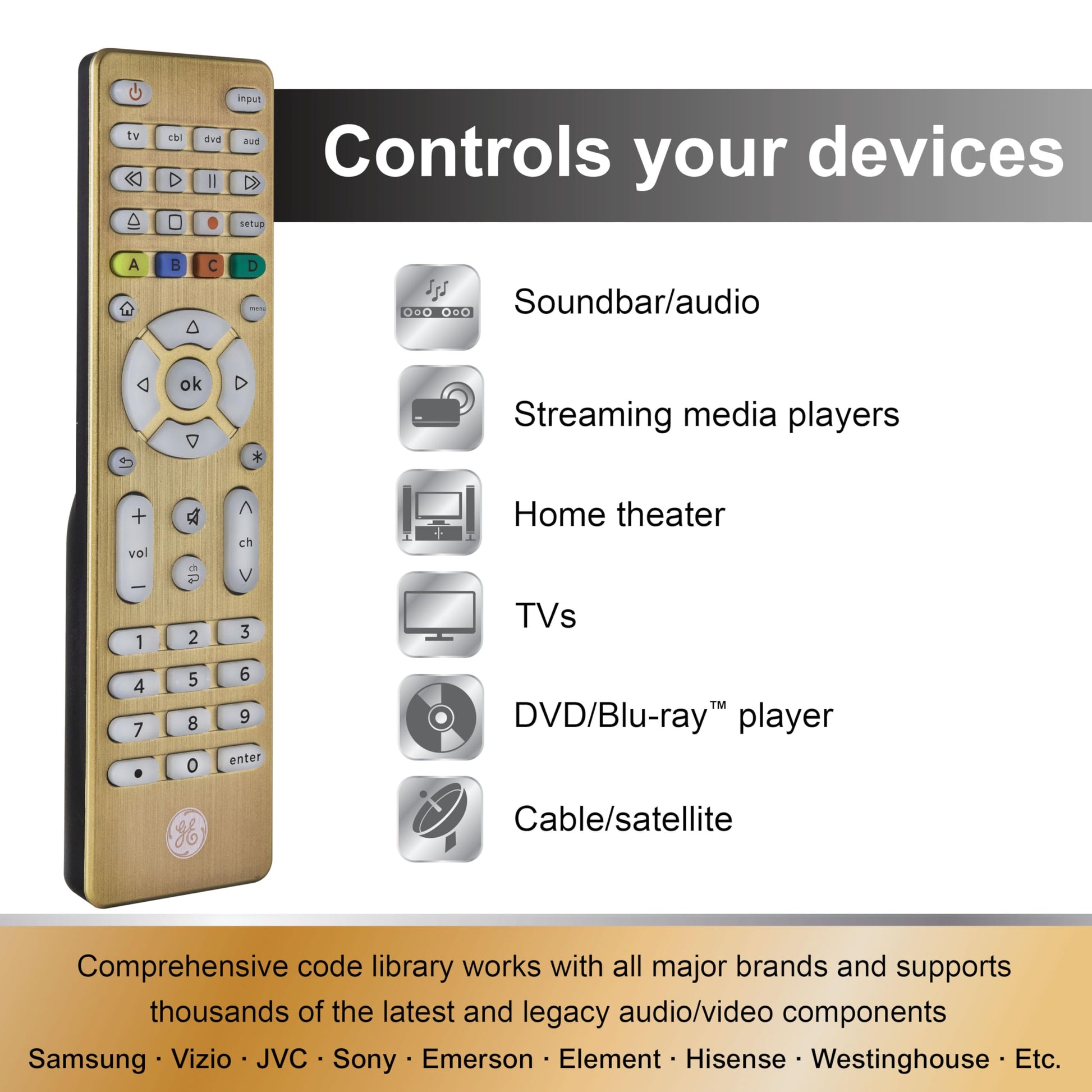 Buy now GE Universal Remote Control, Samsung TV Remote,Universal TV Remote for Roku TV, Vizio, LG, Sony, Sharp, Roku, Apple TV, TCL, Panasonic, Smart TVs, Streaming Players, Blu-ray, DVD, 4-Device, Gold,48845 at indiglob india