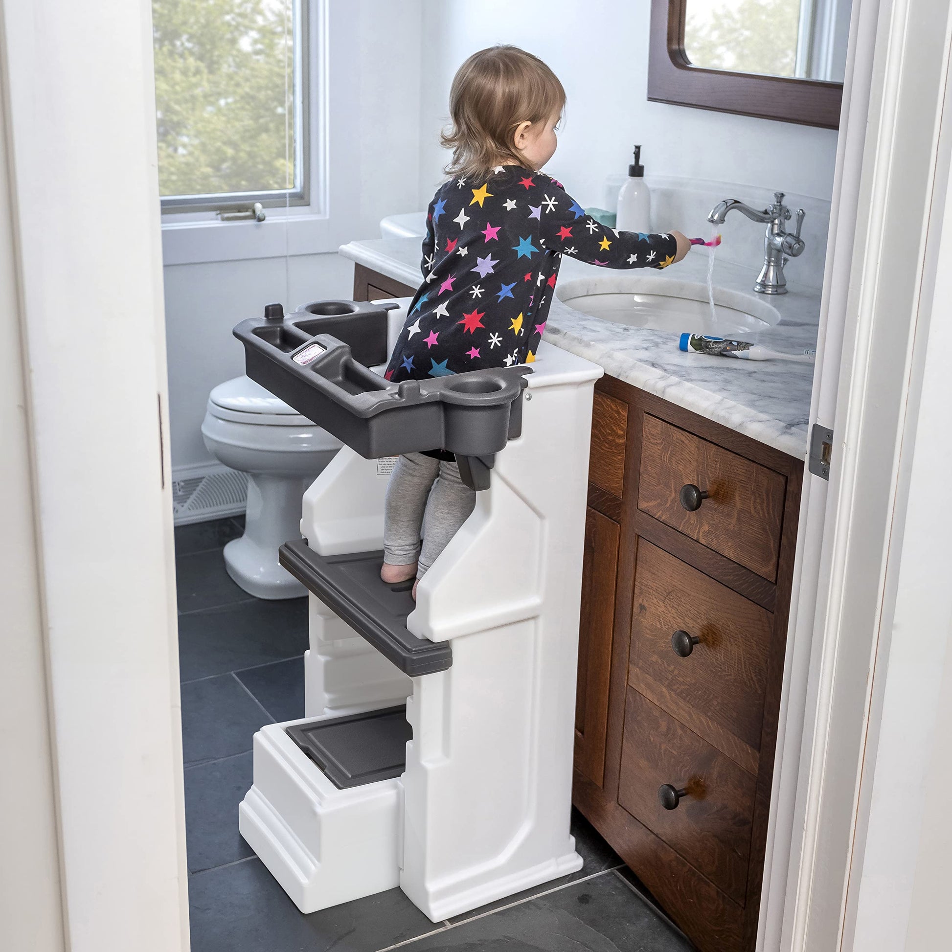 Buy now Step2 Mobile Helper, Toddler Step Stool & Tower Stand, Adjustable Height & Built-in Storage, Non-Slip Feet, Includes Safety Bar, Easy Wipe Down, for Kids 1.5+ Years Old at indiglob india