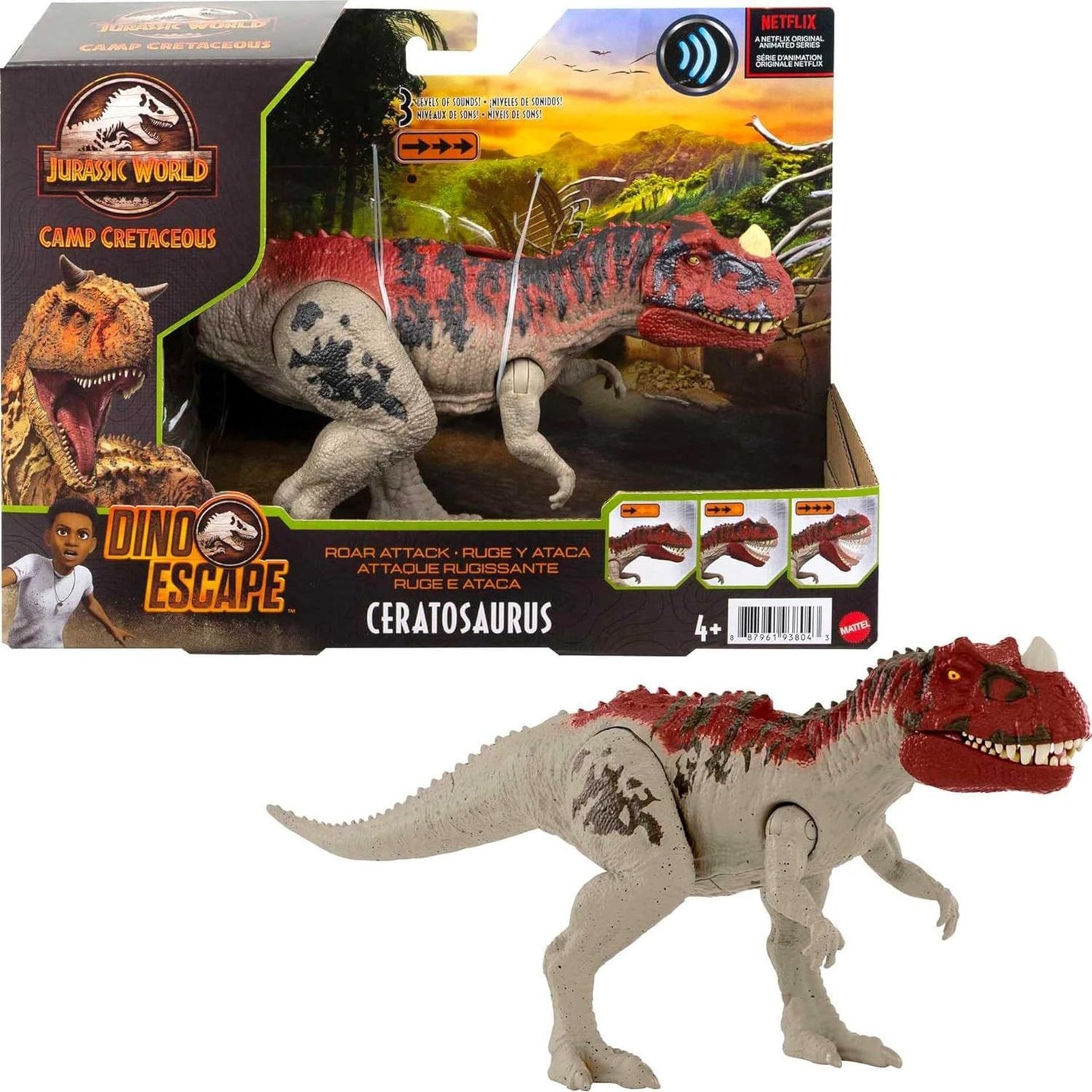 Mattel Jurassic World Camp Cretaceous Roar Attack Dinosaur Action Figure, Ceratosaurus Dino Toy with Strike Motion & Sounds