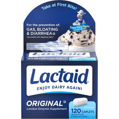 Lactaid Original Strength Lactose Intolerance Pills, 9000 FCC Natural Lactase Enzyme Dairy Relief Caplets, Helps Prevent Gas, Bloating & Diarrhea Due to Lactose Sensitivity in Adults & Kids, 120 Count