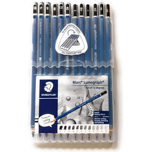 STAEDTLER Mars Lumograph Black Artist Wooden Lead Pencil - Box of 6 (8B 6B 4B 4B 2B 2B) in Metal Box- With Tub 2-Hole Sharpener and Free Eraser