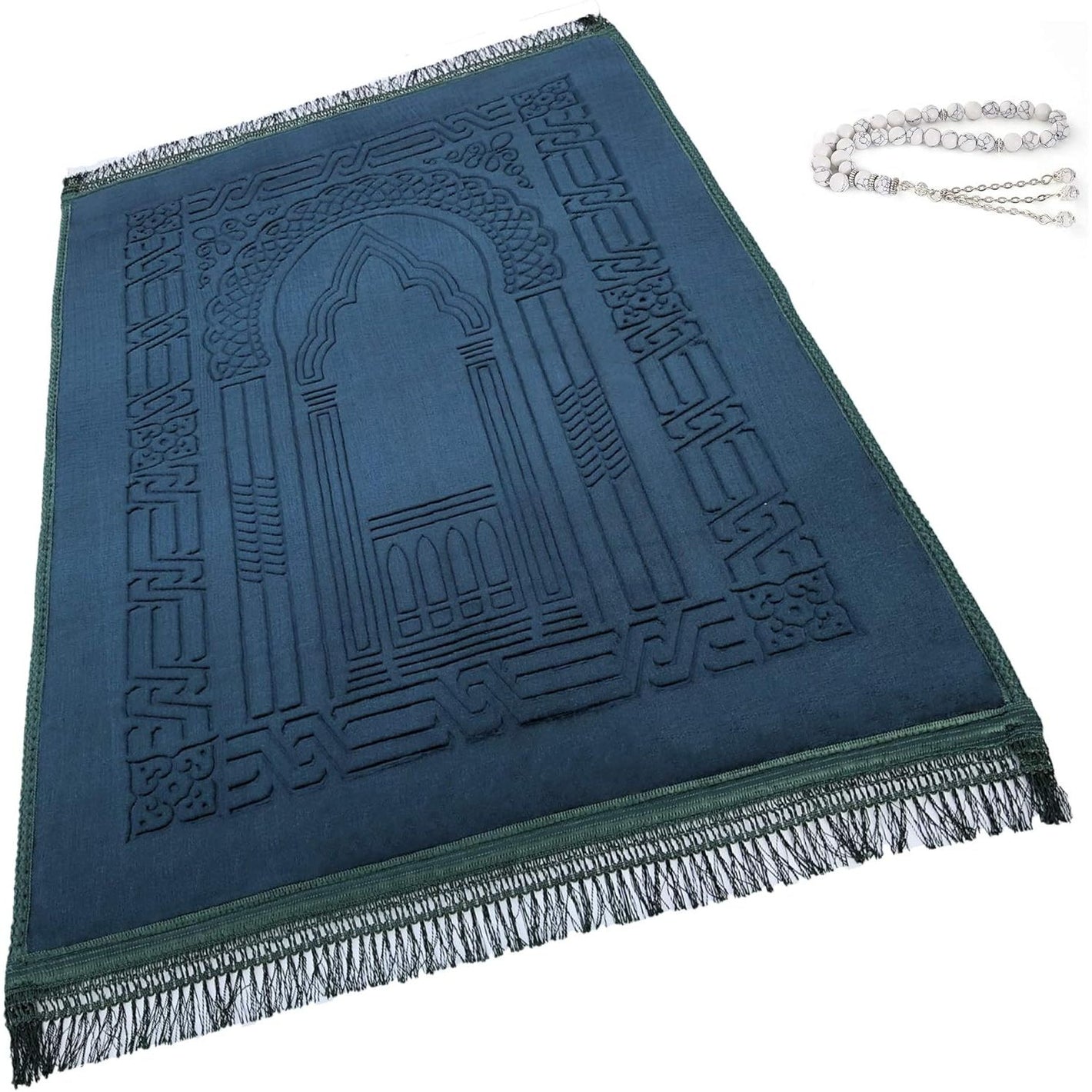 Prayer Rug Muslim Mat Islamic - Thick Large Padded Sajadah for Kids Men Women with Islam Prayer Beads for Eid Travel Ramadan, Soft Luxury Great for Knees and Forehead(Green)