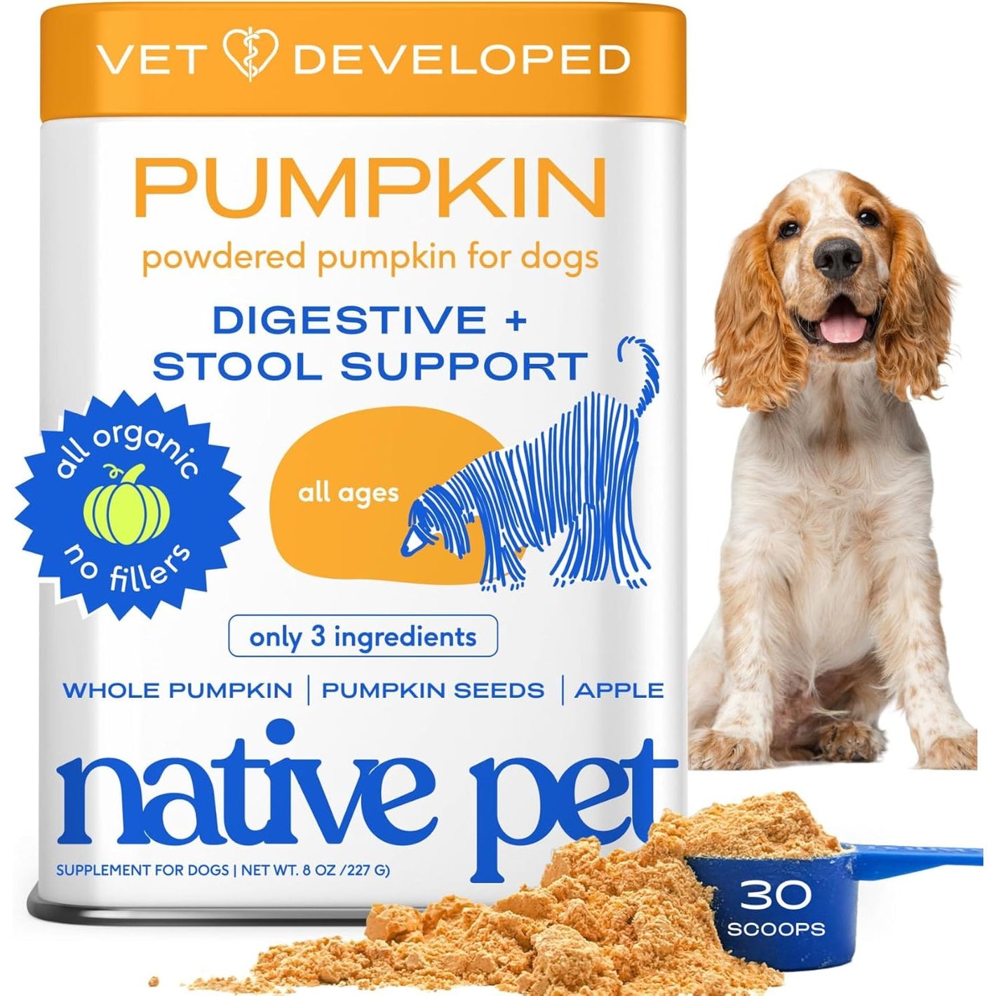 Native Pet Pumpkin for Dogs - Organic Powder Pumpkin Puree Dog Food Toppers -Rich in Fiber Supplement Powder Helps with Digestion, Nutrient Absorption, Diarrhea, Constipation & Upset Stomach-30 Scoops