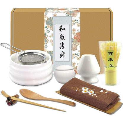 Artcome 10Pcs Japanese Matcha Tea Set, Matcha Bowl, Matcha Whisk, Whisk Holder, Traditional Scoop, Tea Spoon, Tea Cloth, Bamboo Holder, Scoop Holder, Matcha Powder Caddy, Matcha Powder Strainer(Black)