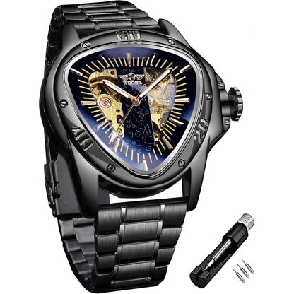 Winner Fashion Mechanical Wrist Watch Triangle Racing Dial, Waterproof Golden Skeleton Dial Automatic Movement Leather Design Mechanical Watch for Men