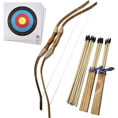 Adventure Awaits! - 2-Pack Handmade Wooden Bow and Arrow Set - 20 Wood Arrows and 2 Quivers - for Outdoor Play