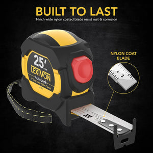 LEXIVON 25Ft/7.5m AutoLock Tape Measure | 1-Inch Wide Blade with Nylon Coating, Matte Finish White & Yellow Dual Sided Rule Print | Ft/Inch/Fractions/Metric (LX-205)