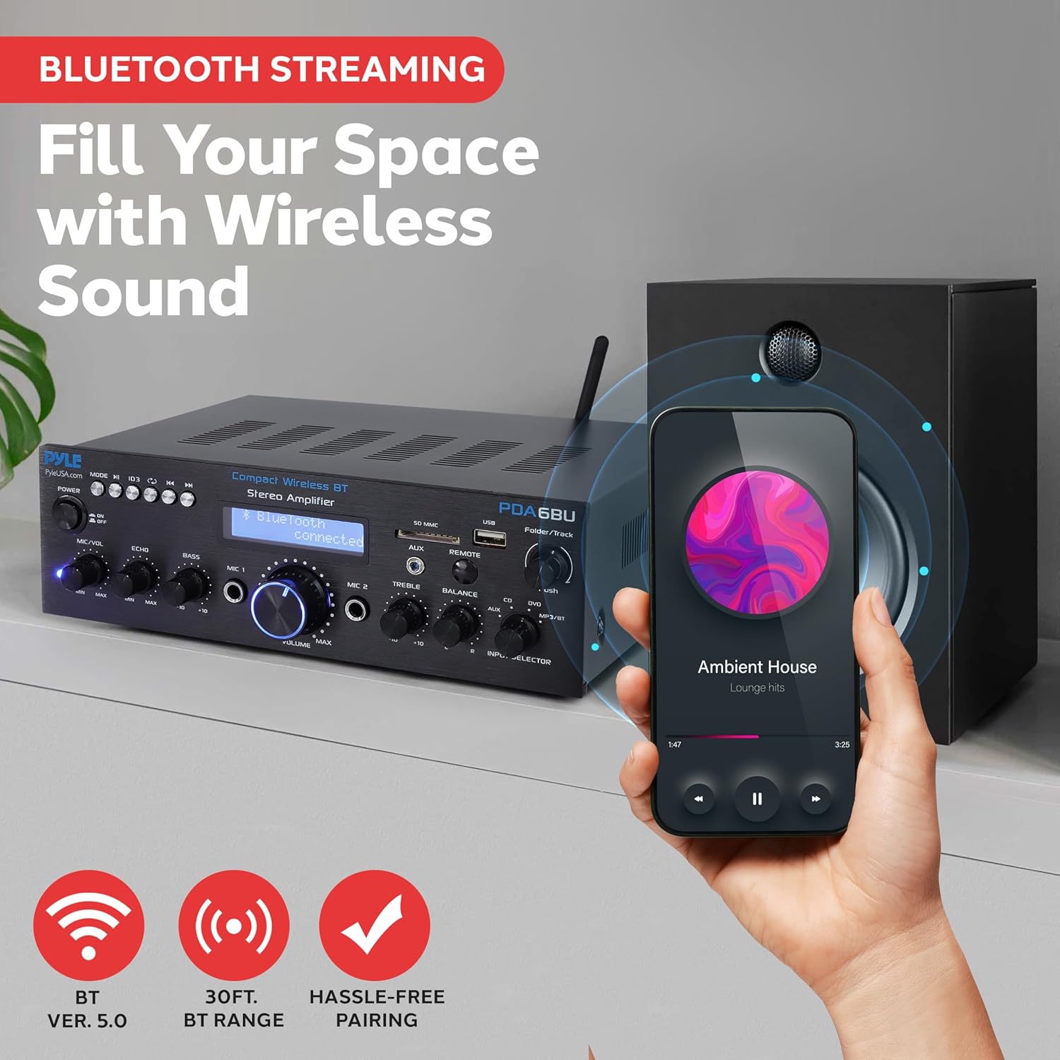 Buy now Pyle Wireless Bluetooth Power Amplifier System - 200W Dual Channel Sound Audio Stereo Receiver w/ USB, SD, AUX, MIC IN w/ Echo, Radio, LCD - For Home Theater Entertainment via RCA, Studio Use - PDA6BU at indiglob india