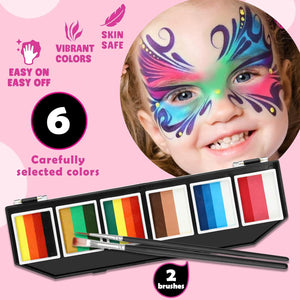 Maydear Face Painting Kit for Kids & Adults with 6 Colors Split Cake Palette, 2 Brushes, Safe & Non-Toxic Water Based Makeup Face Paint Kit