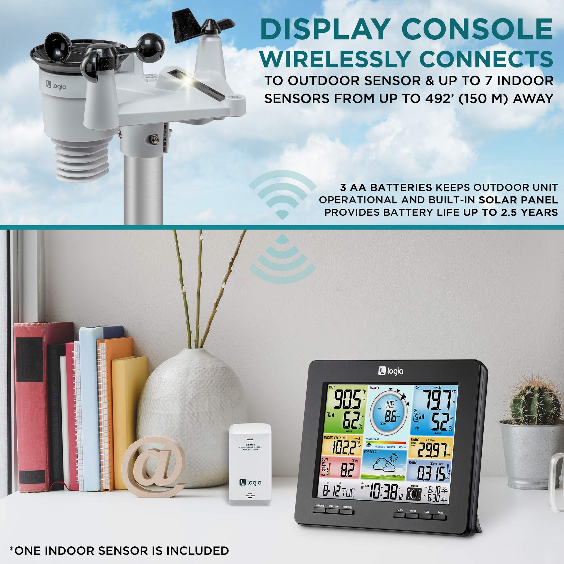 Buy now Logia 18-in-1 Wi-Fi Weather Station with 7-in-1 Solar Sensor Array, Temperature Humidity Wind Speed/Direction Rain UV & More, Wireless Color Console w/Forecast Data, Alarm, Alerts at indiglob india