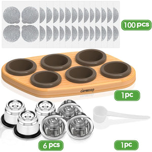 CAPMESSO Reusable Capsules for Nespresso OriginalLine, 6pcs Nespresso Refillable Pods Stainless Steel Coffee Pods Compatible with Nespresso Originaline Machine(6 Pods+100 Lids+ Wood Storage Tray)