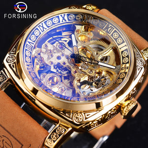 FORSINING Square Luxury Retro Mechanical Watch for Men, Gorgeous Hollow Skeleton Self-Wind Carved Automatic Watches Vintage Leather Strap Wristwatch Silver Dail Black Strap