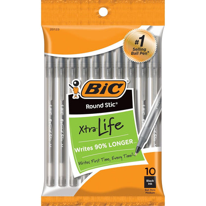 BIC Round Stic Xtra Life Blue Ballpoint Pens, Medium Point (1.0mm), 10-Count Pack of Bulk Pens, Flexible Round Barrel for Writing Comfort, No. 1 Selling Ballpoint Pens