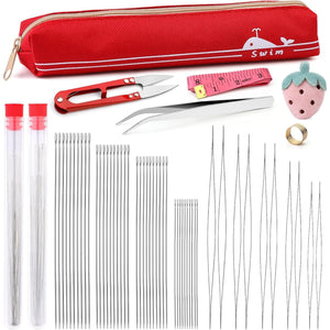 58 Pcs Beading Needles Set Seed Beads Needles Bead Needles Tool Long Straight and Big Eye Beading Needles Collapsible Embroidery Needles with Tweezers Pin Cushion for Jewelry Making